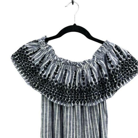 Parker Women Blue White Black Stripes Linen Blend Off the Shoulder Mini Dress XS - Picture 5 of 12